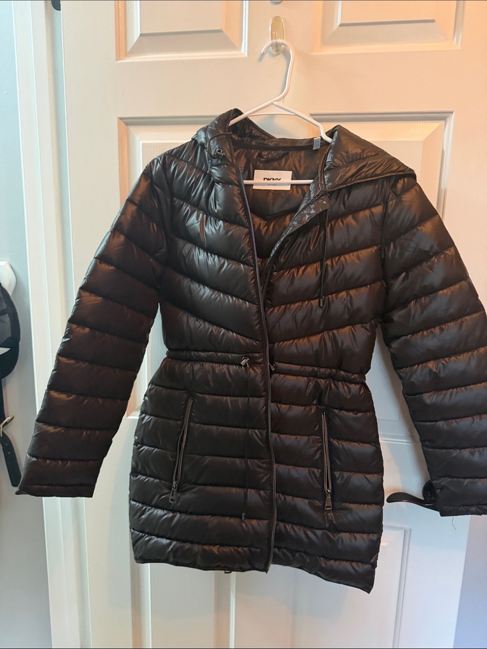 DKNY Black Quilted Hooded Puffer Coat